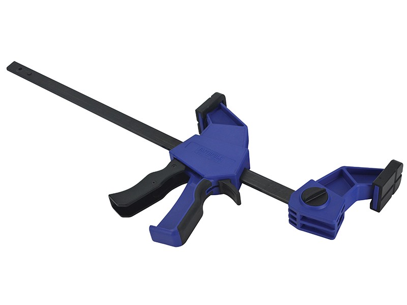 A Faithfull sash clamp with a long steel bar, a fixed jaw, and a sliding adjustable tail stop, for clamping wide assemblies during gluing.