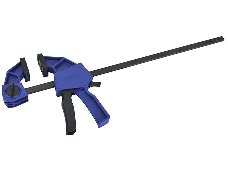 A Faithfull sash clamp with a long steel bar, a fixed jaw, and a sliding adjustable tail stop, for clamping wide assemblies during gluing.