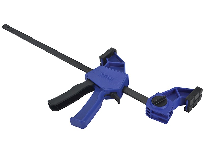 A Faithfull sash clamp with a long steel bar, a fixed jaw, and a sliding adjustable tail stop, for clamping wide assemblies during gluing.