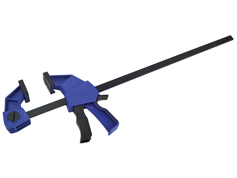 A Faithfull sash clamp with a long steel bar, a fixed jaw, and a sliding adjustable tail stop, for clamping wide assemblies during gluing.