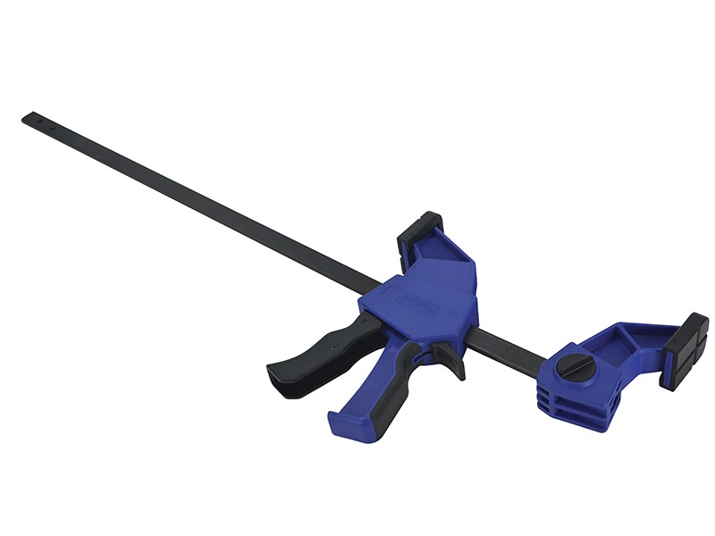 A Faithfull sash clamp with a long steel bar, a fixed jaw, and a sliding adjustable tail stop, for clamping wide assemblies during gluing.