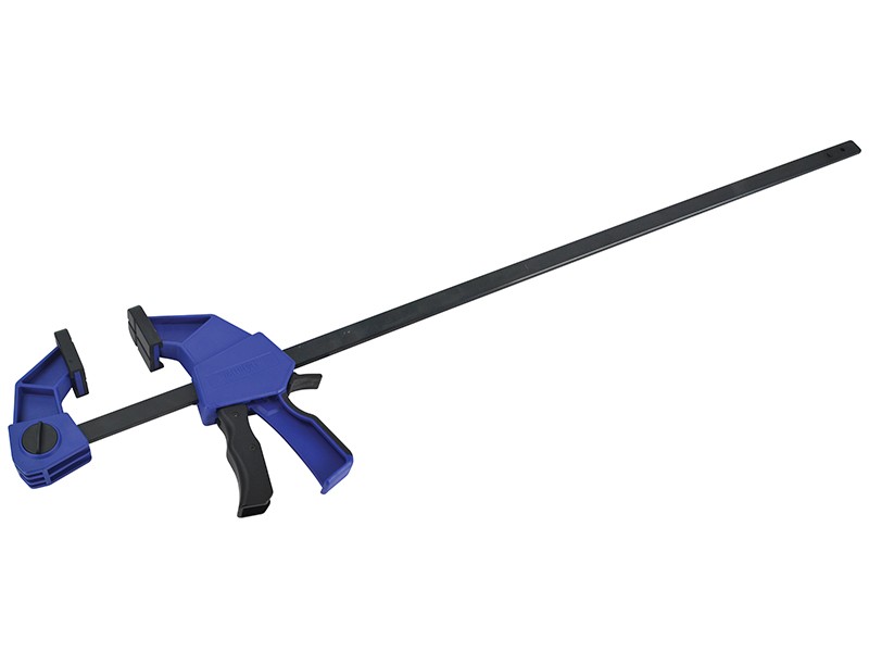 A Faithfull sash clamp with a long steel bar, a fixed jaw, and a sliding adjustable tail stop, for clamping wide assemblies during gluing.