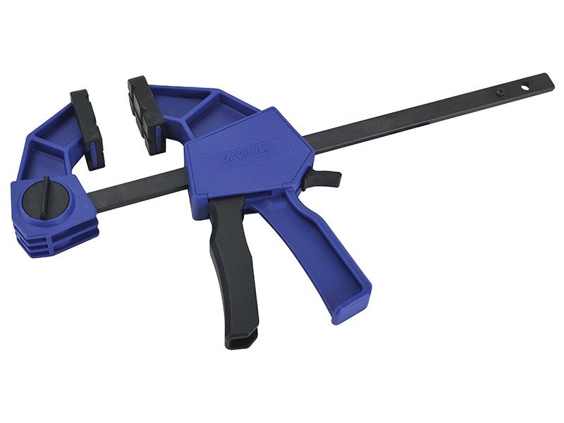 A Faithfull sash clamp with a long steel bar, a fixed jaw, and a sliding adjustable tail stop, for clamping wide assemblies during gluing.