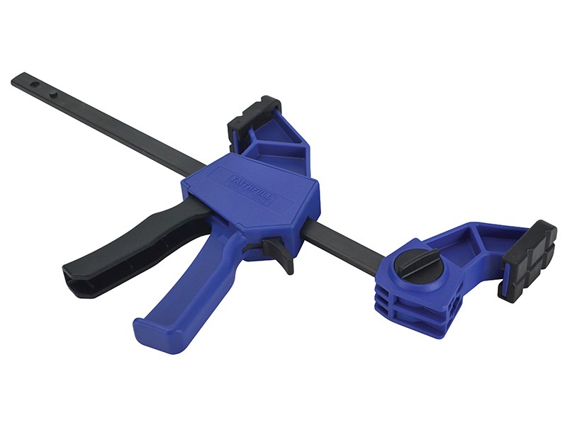 A Faithfull sash clamp with a long steel bar, a fixed jaw, and a sliding adjustable tail stop, for clamping wide assemblies during gluing.