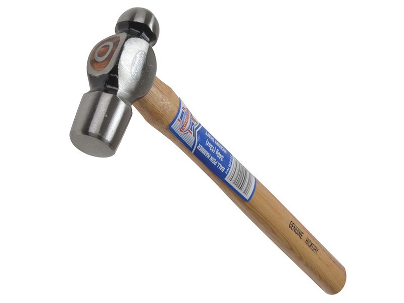A ball pein hammer with a flat striking face and a hemispherical pein, used in metalworking for riveting and shaping.