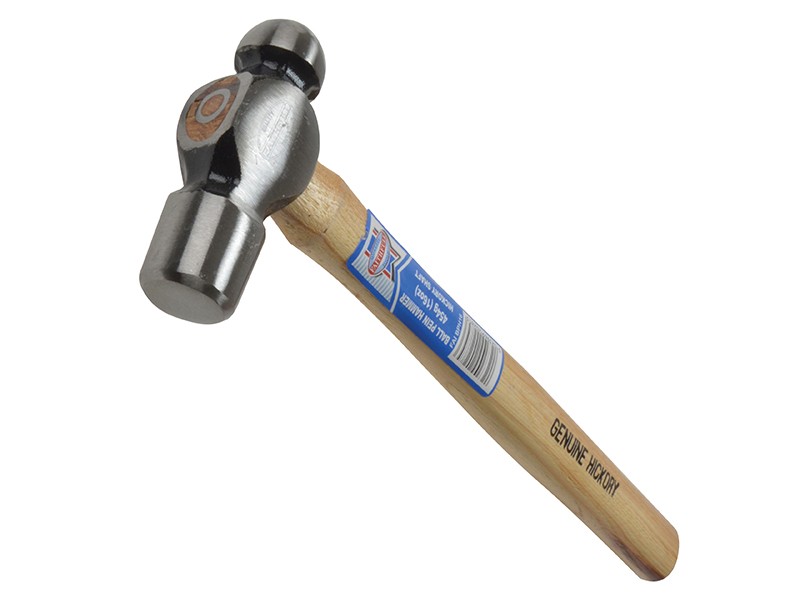 A ball pein hammer with a flat striking face and a hemispherical pein, used in metalworking for riveting and shaping.