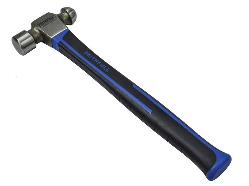 A ball pein hammer with a flat striking face and a hemispherical pein, used in metalworking for riveting and shaping.
