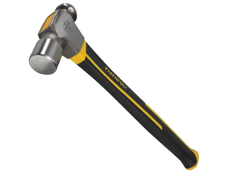 A ball pein hammer with a flat striking face and a hemispherical pein, used in metalworking for riveting and shaping.