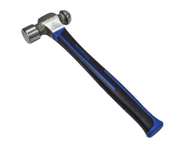 A ball pein hammer with a flat striking face and a hemispherical pein, used in metalworking for riveting and shaping.