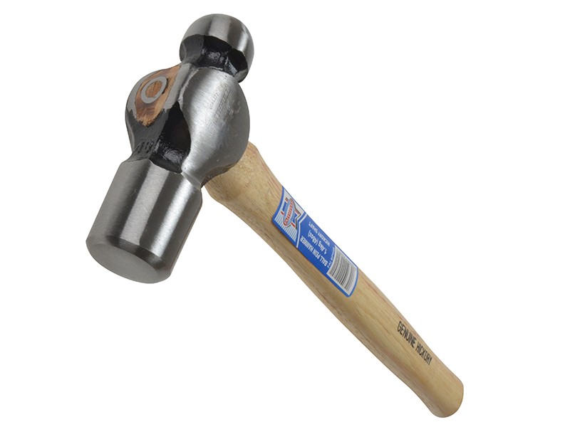 A ball pein hammer with a flat striking face and a hemispherical pein, used in metalworking for riveting and shaping.