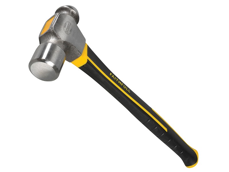A ball pein hammer with a flat striking face and a hemispherical pein, used in metalworking for riveting and shaping.