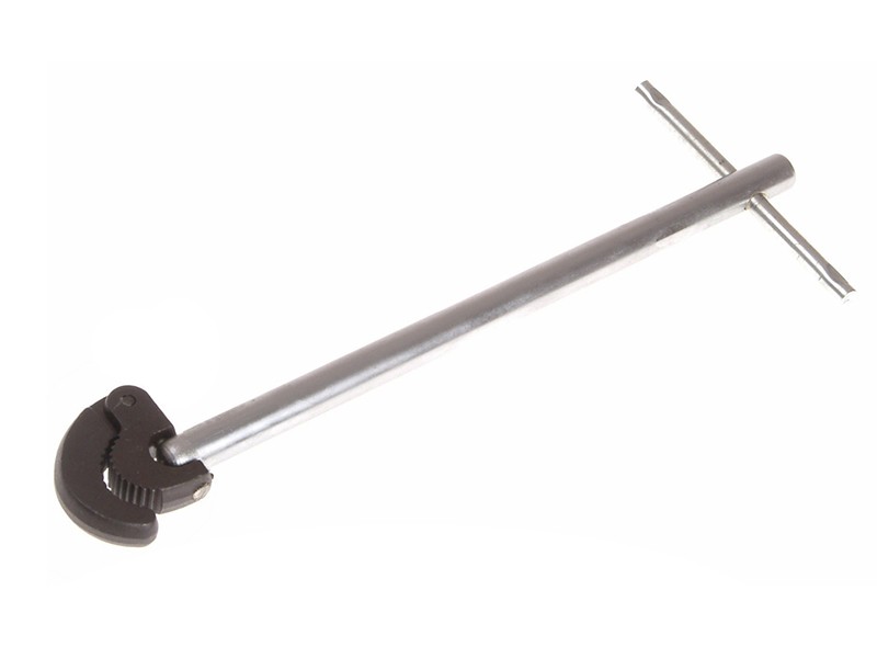A Faithfull basin wrench with a swivelling jaw on a long telescopic shaft, for tightening and removing tap back-nuts in confined under-sink spaces.