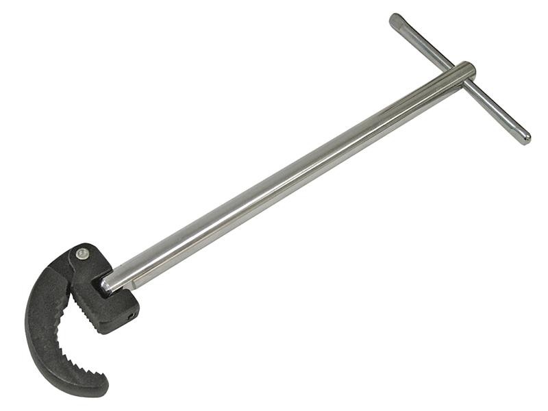 A Faithfull basin wrench with a swivelling jaw on a long telescopic shaft, for tightening and removing tap back-nuts in confined under-sink spaces.