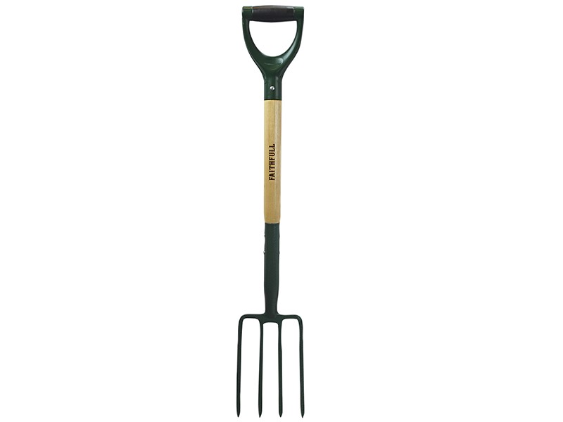 A Faithfull garden fork with four hardened steel tines and a wooden handle, for breaking up soil and lifting root vegetables.