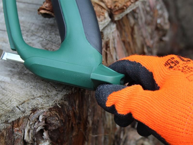 A saw with a hardened blade and a comfortable handle, for cutting timber, metal, or masonry.