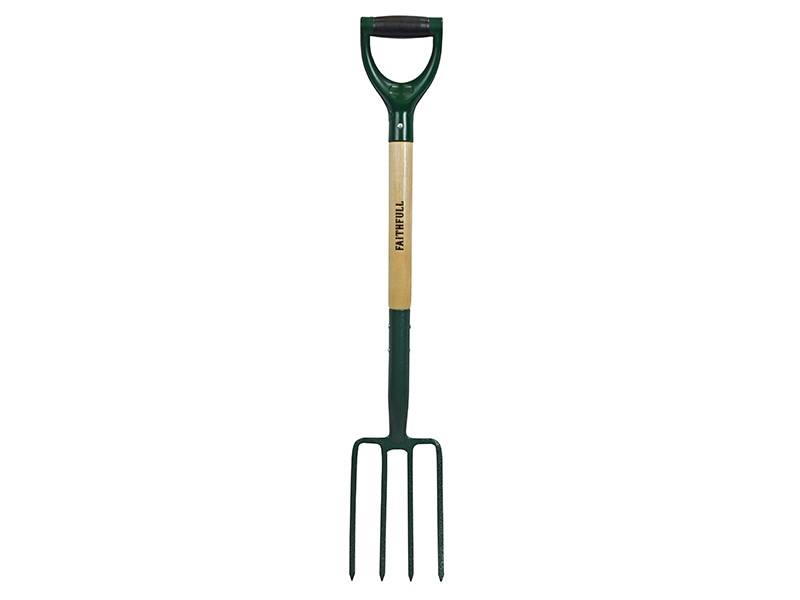 A Faithfull garden fork with four hardened steel tines and a wooden handle, for breaking up soil and lifting root vegetables.