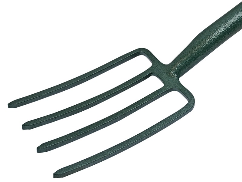 A Faithfull garden fork with four hardened steel tines and a wooden handle, for breaking up soil and lifting root vegetables.