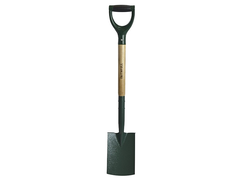 A Faithfull short-handled square-bladed spade with a steel blade and a wooden or fibreglass shaft, for general digging work.