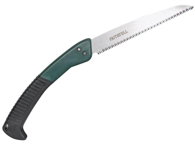 A pruning saw with a curved, hardened blade and an ergonomic handle, for cutting green timber, branches, and shrubs.