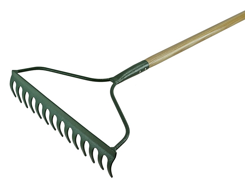 A Faithfull garden rake with multiple hardened steel tines and a long wooden handle, for levelling soil and clearing debris.