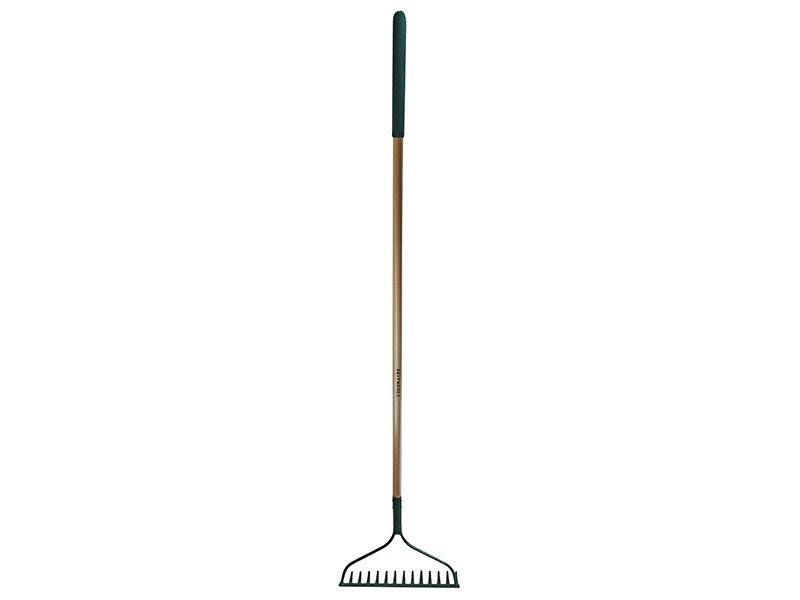 A Faithfull garden rake with multiple hardened steel tines and a long wooden handle, for levelling soil and clearing debris.