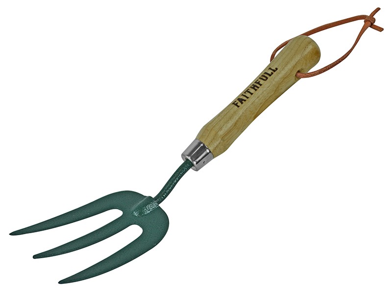 A Faithfull garden fork with four hardened steel tines and a wooden handle, for breaking up soil and lifting root vegetables.