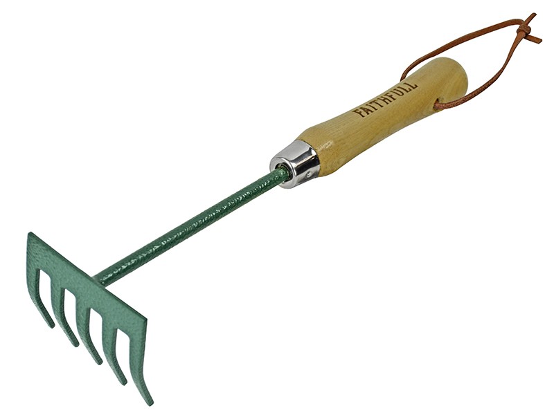 A Faithfull garden rake with multiple hardened steel tines and a long wooden handle, for levelling soil and clearing debris.