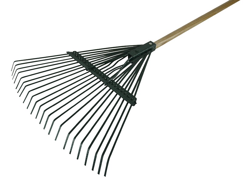A Faithfull garden rake with multiple hardened steel tines and a long wooden handle, for levelling soil and clearing debris.