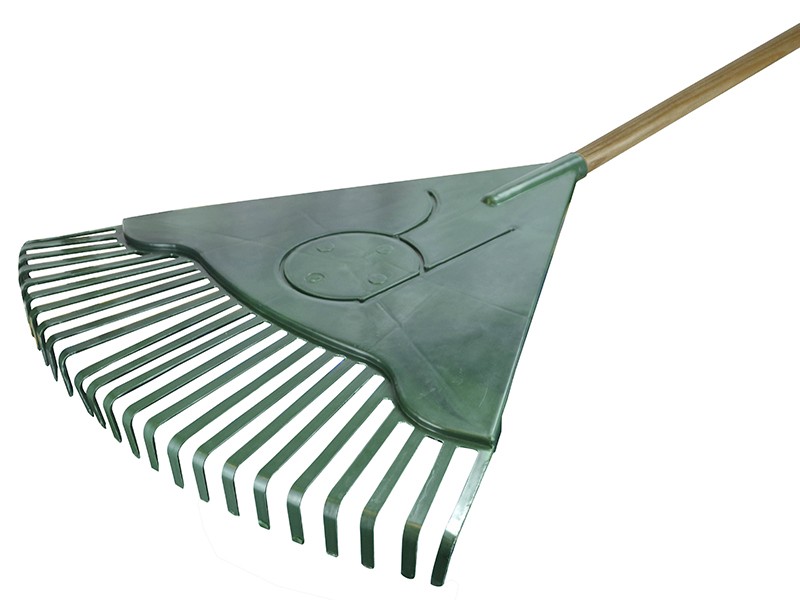 A Faithfull garden rake with multiple hardened steel tines and a long wooden handle, for levelling soil and clearing debris.