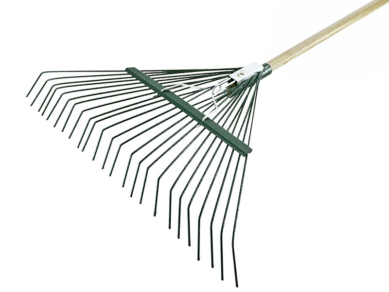 A Faithfull garden rake with multiple hardened steel tines and a long wooden handle, for levelling soil and clearing debris.