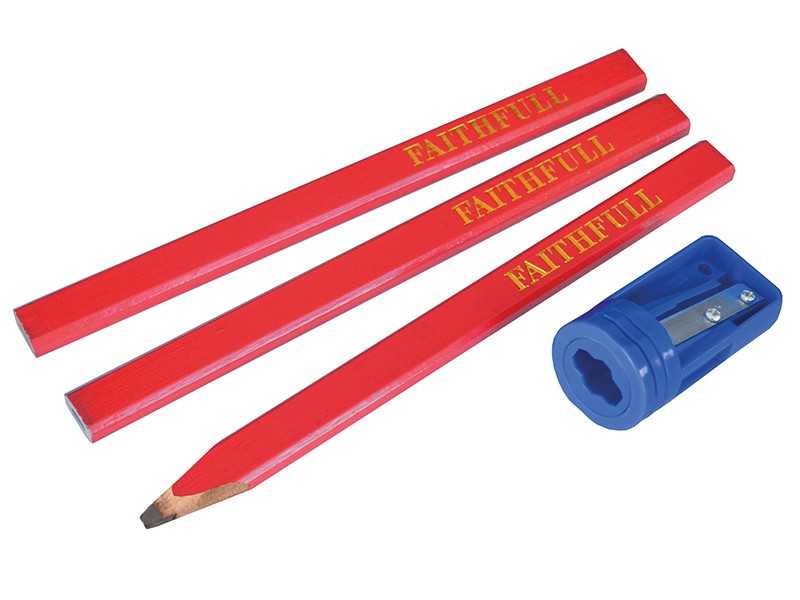 Faithfull FAICPSHARP Carpenters' Pencils Red (Pack 3 + Sharpener)
