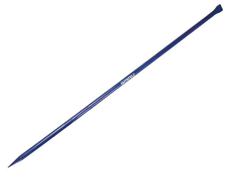 A hardened steel chisel with a bevelled cutting edge and a square-section body, for cutting stone, brick, or timber.