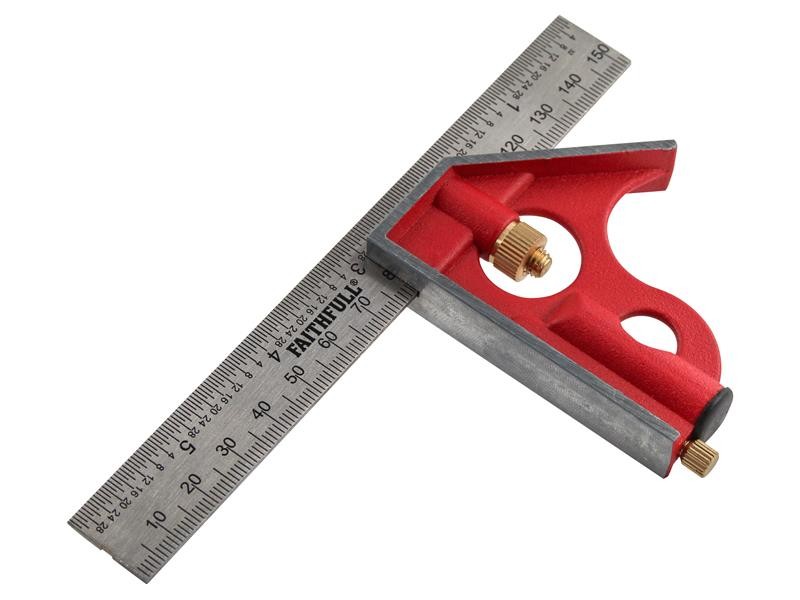 A Faithfull combination square with a graduated steel blade, a removable stock, a built-in level vial, and a scribe, for layout and checking angles.