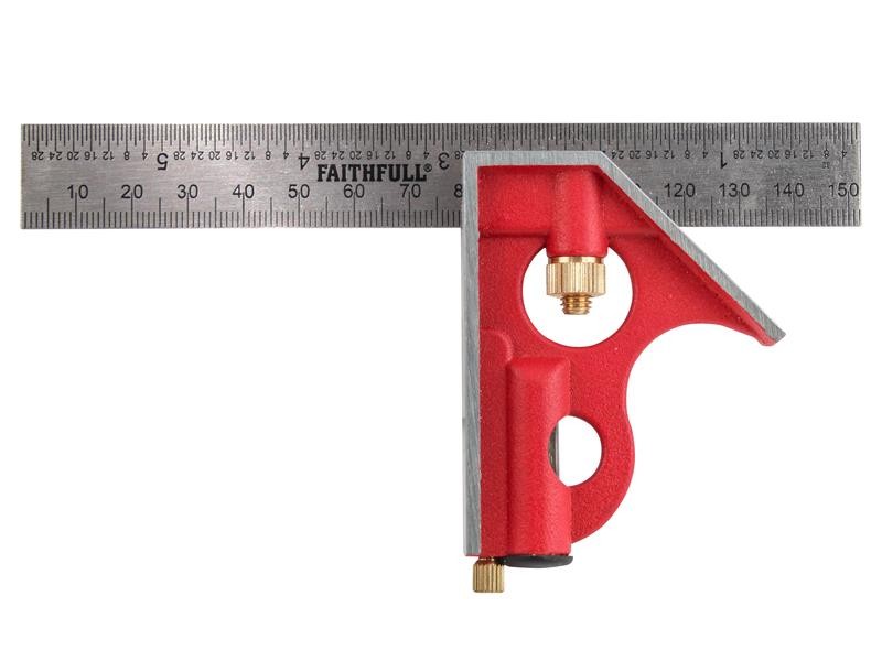 A Faithfull combination square with a graduated steel blade, a removable stock, a built-in level vial, and a scribe, for layout and checking angles.