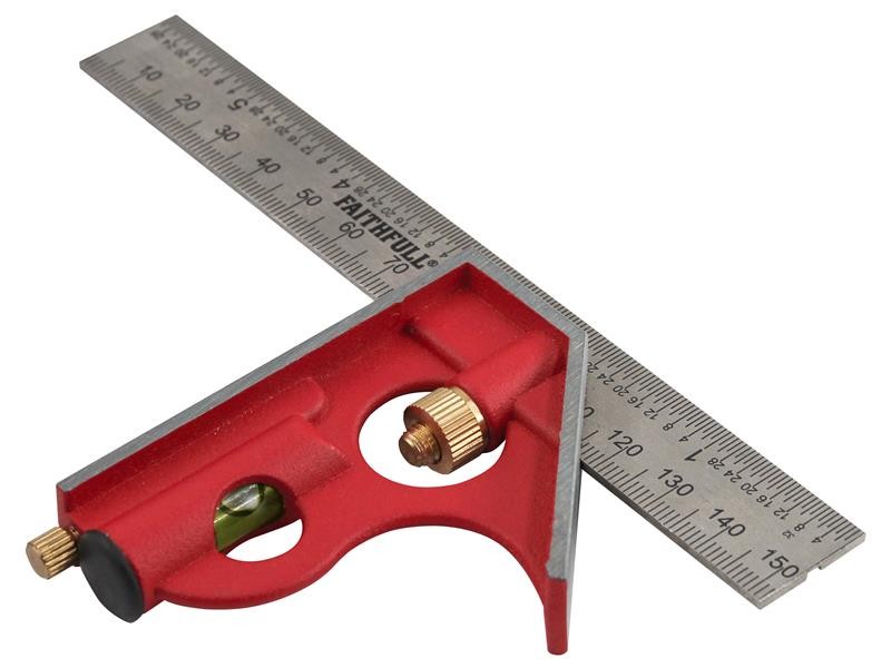 A Faithfull combination square with a graduated steel blade, a removable stock, a built-in level vial, and a scribe, for layout and checking angles.