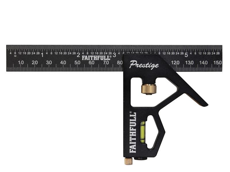 A Faithfull combination square with a graduated steel blade, a removable stock, a built-in level vial, and a scribe, for layout and checking angles.