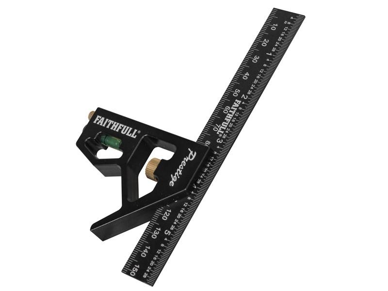A Faithfull combination square with a graduated steel blade, a removable stock, a built-in level vial, and a scribe, for layout and checking angles.