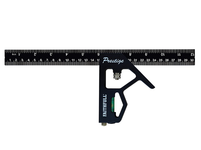 A Faithfull combination square with a graduated steel blade, a removable stock, a built-in level vial, and a scribe, for layout and checking angles.