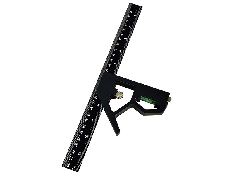 A Faithfull combination square with a graduated steel blade, a removable stock, a built-in level vial, and a scribe, for layout and checking angles.