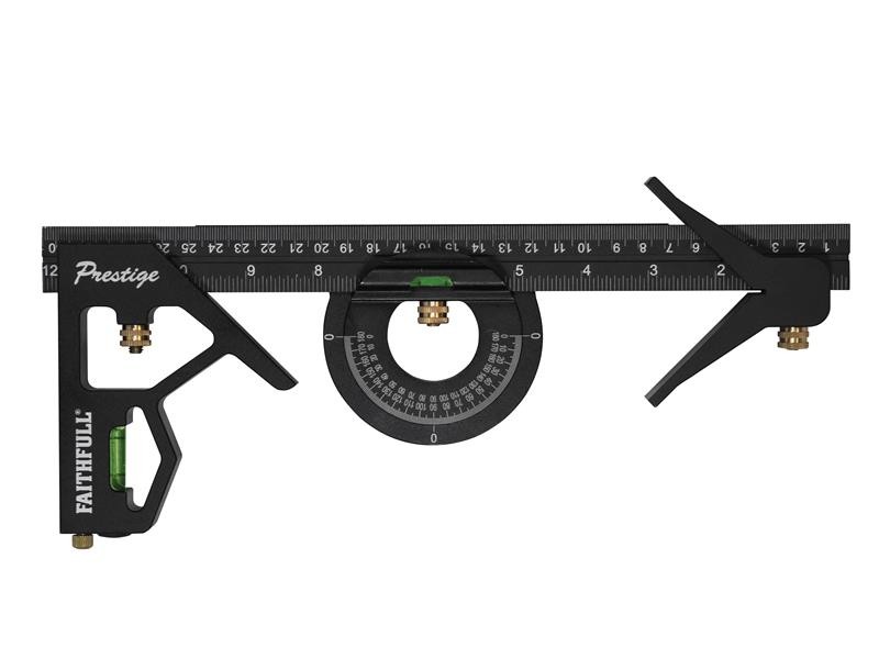 A Faithfull combination square with a graduated steel blade, a removable stock, a built-in level vial, and a scribe, for layout and checking angles.