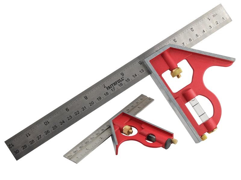 A Faithfull combination square with a graduated steel blade, a removable stock, a built-in level vial, and a scribe, for layout and checking angles.