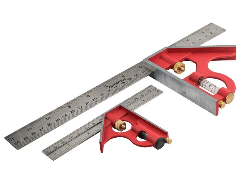 A Faithfull combination square with a graduated steel blade, a removable stock, a built-in level vial, and a scribe, for layout and checking angles.