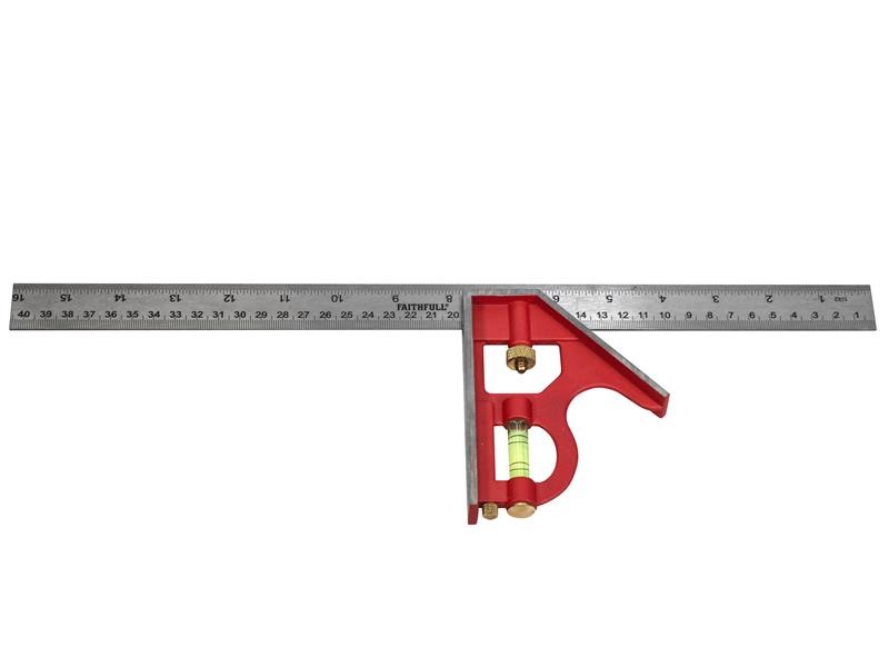 A Faithfull combination square with a graduated steel blade, a removable stock, a built-in level vial, and a scribe, for layout and checking angles.