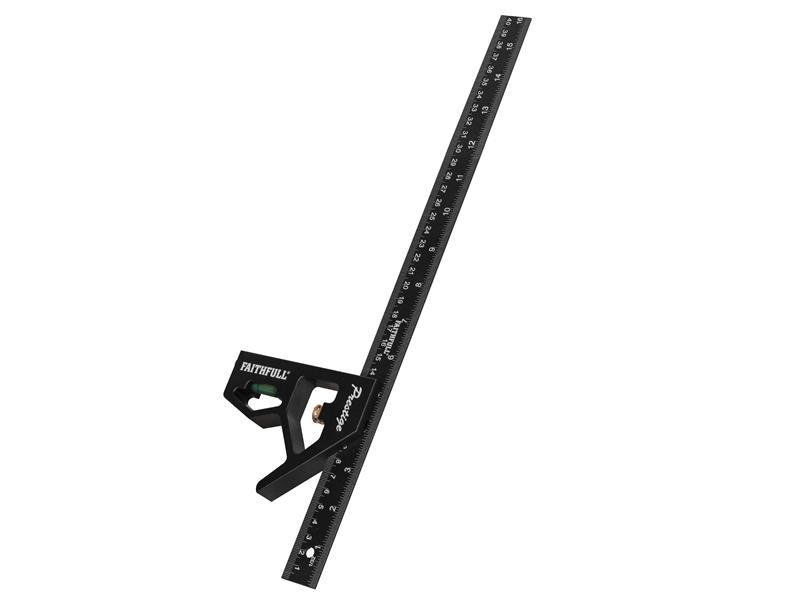 A Faithfull combination square with a graduated steel blade, a removable stock, a built-in level vial, and a scribe, for layout and checking angles.