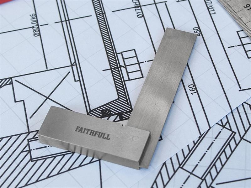 A precision steel try square with a hardened blade and a machined stock, used for checking and marking right angles in woodworking and metalwork.