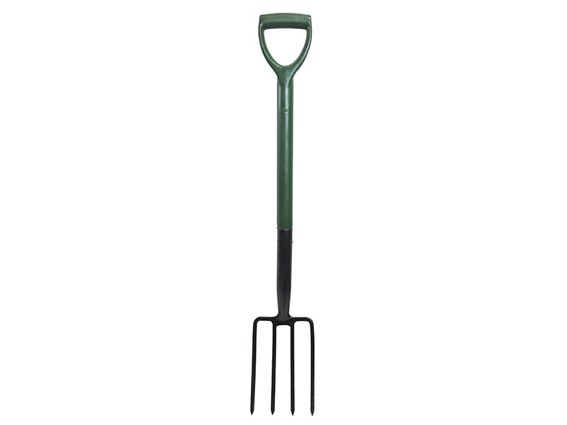 A Faithfull garden fork with four hardened steel tines and a wooden handle, for breaking up soil and lifting root vegetables.