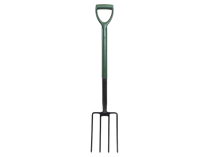 A Faithfull garden fork with four hardened steel tines and a wooden handle, for breaking up soil and lifting root vegetables.