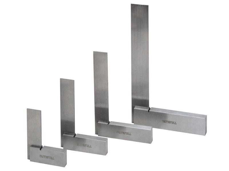 Four steel engineers try squares of varying sizes, each with a flat base and a perpendicular ruler, are displayed in a row on a white background. The brand name Faithfull is visible on each tool.