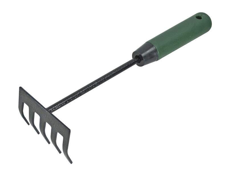 A Faithfull garden rake with multiple hardened steel tines and a long wooden handle, for levelling soil and clearing debris.