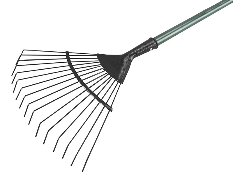 A Faithfull garden rake with multiple hardened steel tines and a long wooden handle, for levelling soil and clearing debris.